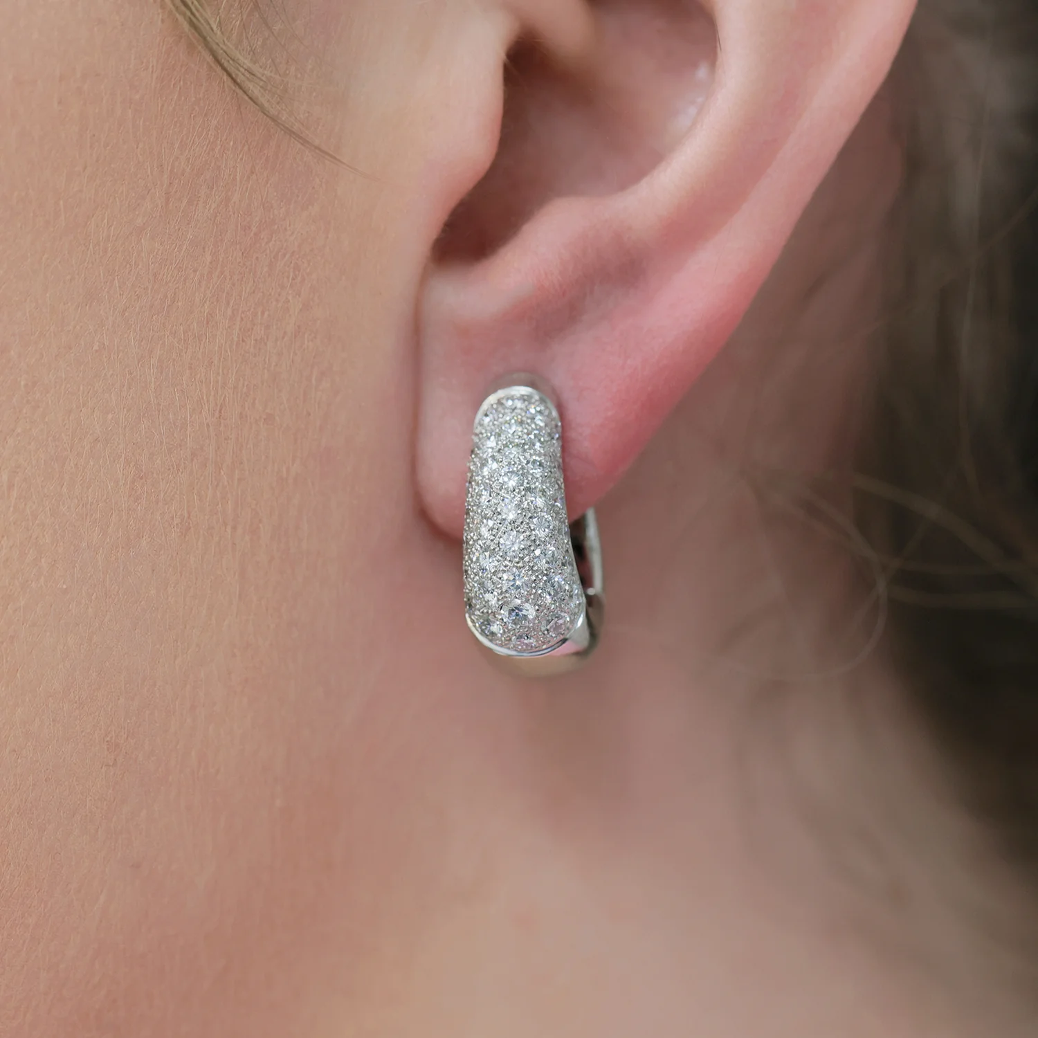 18ct White Gold Round Brilliant Cut Diamond Pave Set Hoop Earrings - Image 2