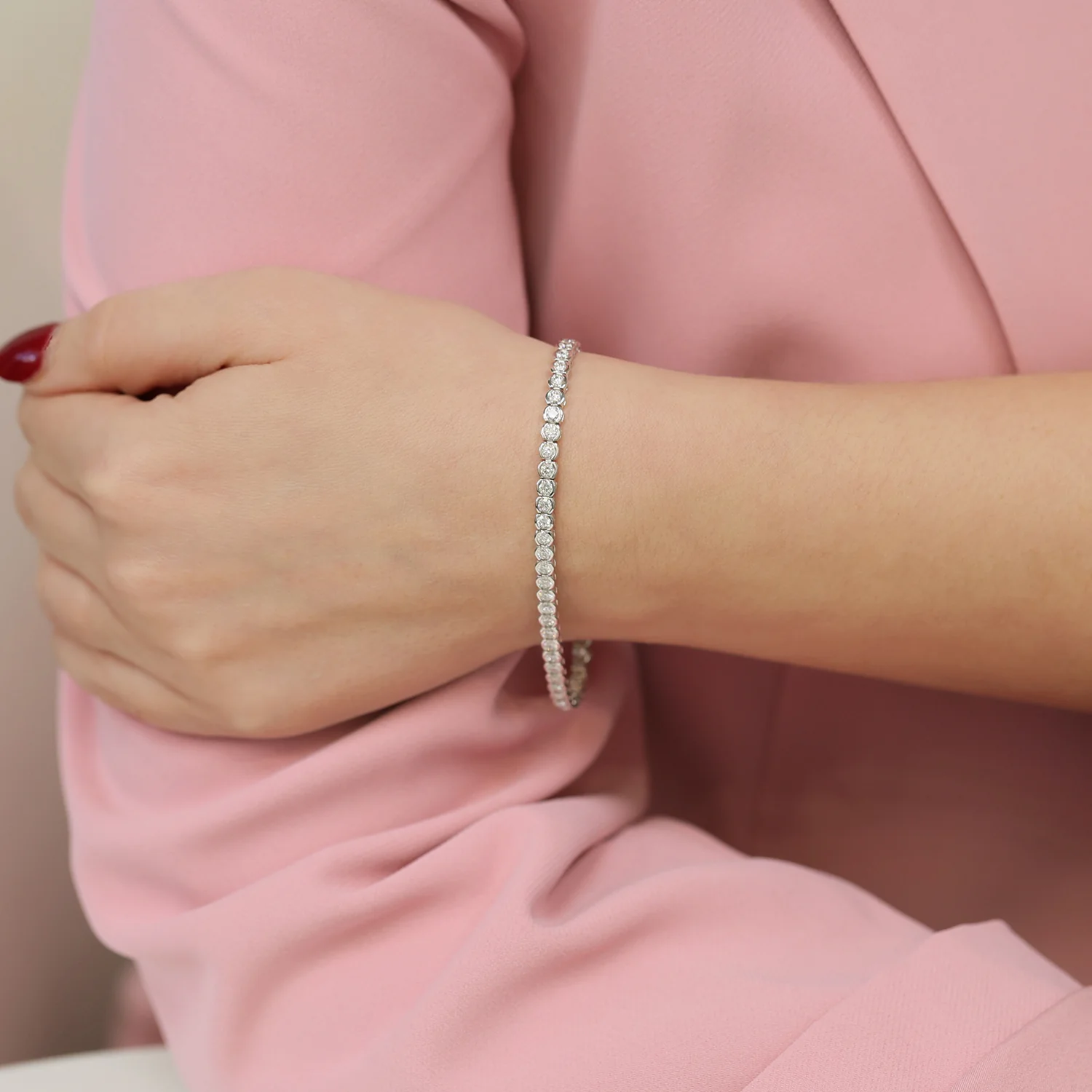 Platinum Round Brilliant Cut Diamond Rub Over Tennis Bracelet - Image 2