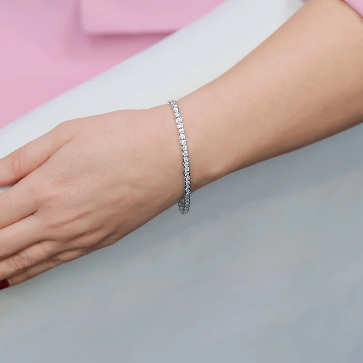 Platinum Round Brilliant Cut Diamond Rub Over Tennis Bracelet - Image 3
