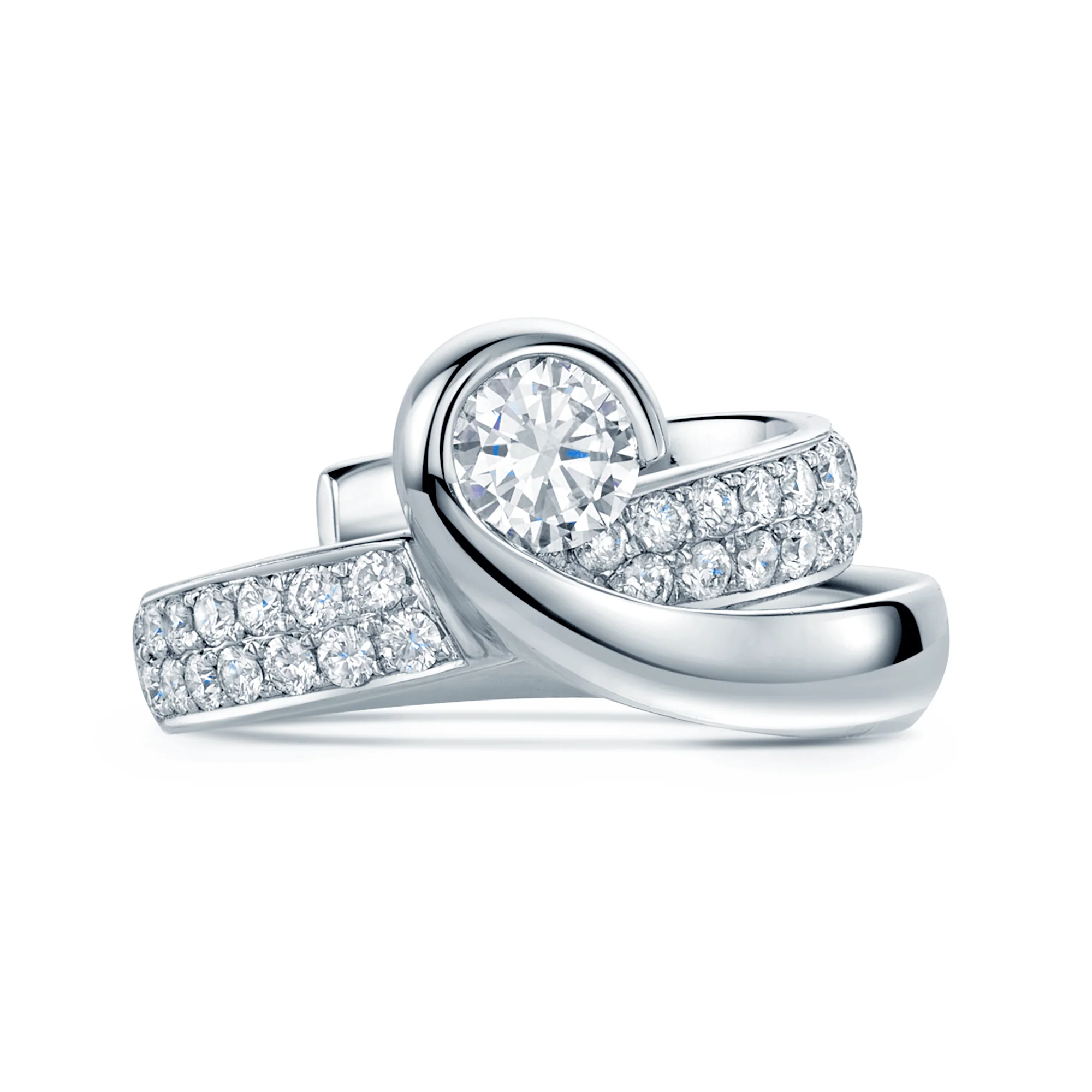 18ct White Gold Round Brilliant Cut Diamond Swirl Two Row Fancy Dress Ring - Image 2