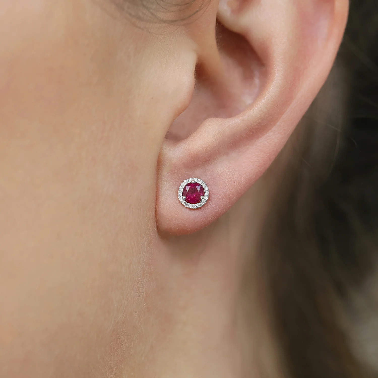 18ct White Gold Round Ruby And Diamond Cluster Stud Earrings - Image 2