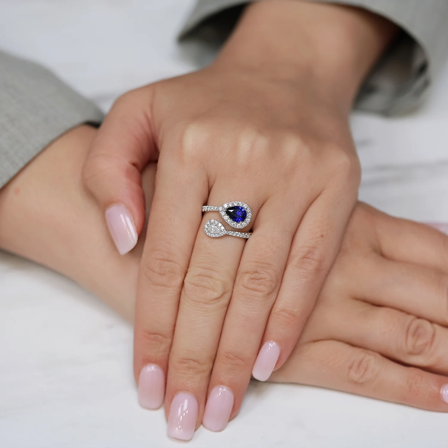 Platinum Toi et Moi Pear Cut Sapphire And Diamond Halo Two Stone Ring - Image 2