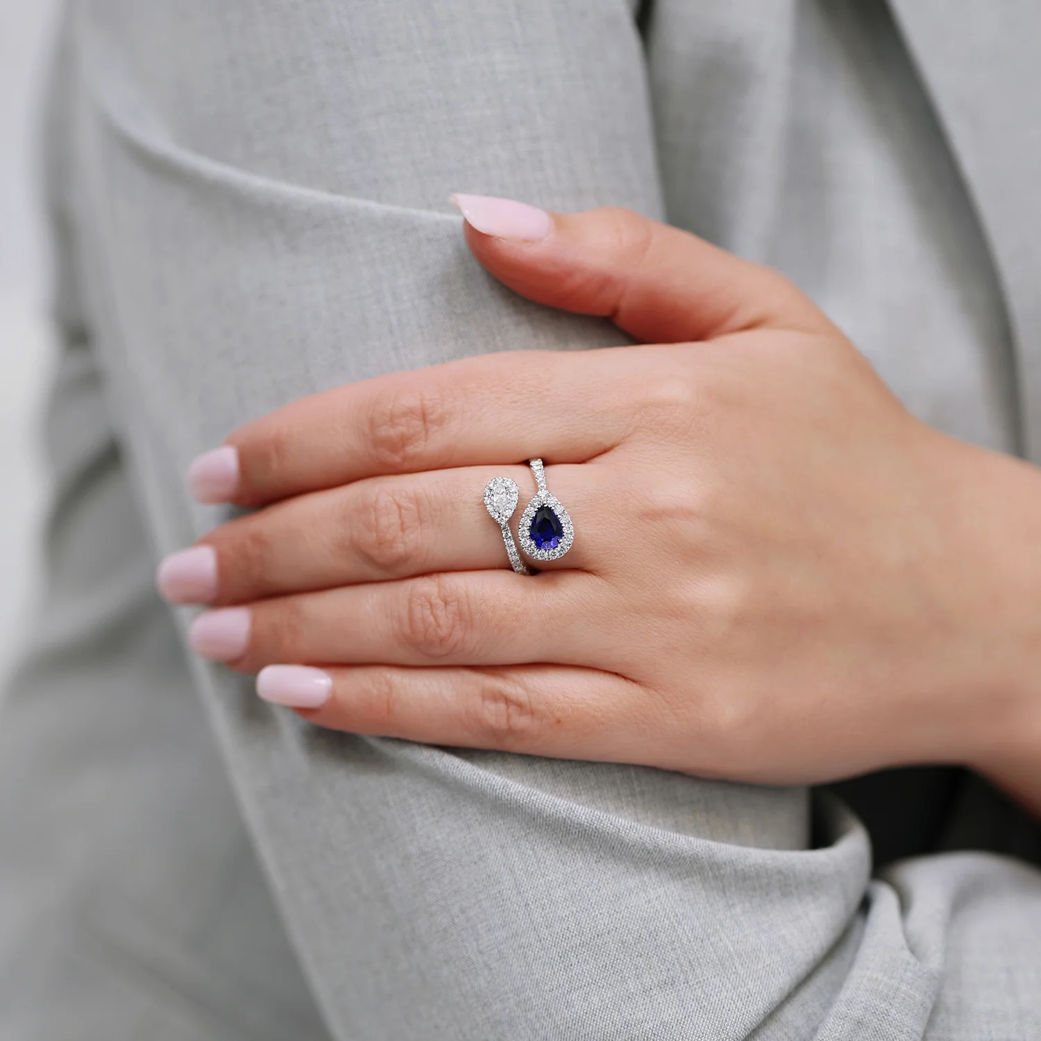 Platinum Toi et Moi Pear Cut Sapphire And Diamond Halo Two Stone Ring - Image 3