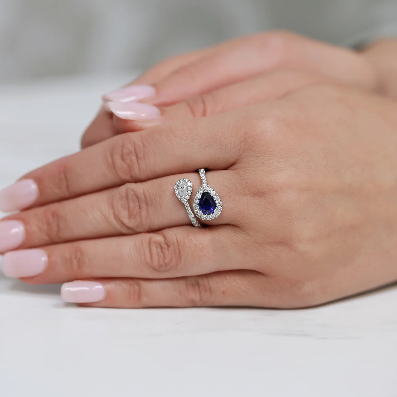Platinum Toi et Moi Pear Cut Sapphire And Diamond Halo Two Stone Ring - Image 4