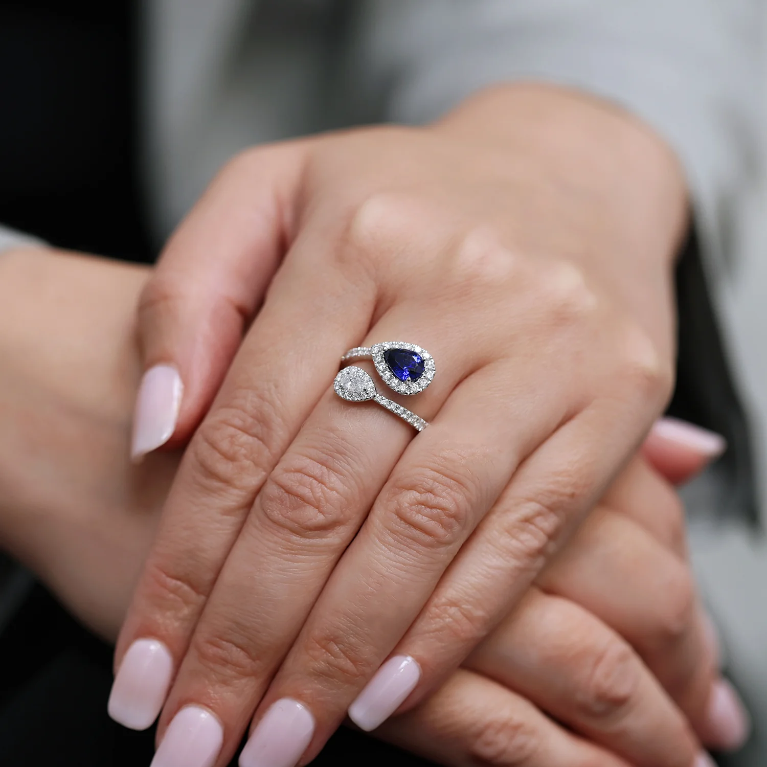 Platinum Toi et Moi Pear Cut Sapphire And Diamond Halo Two Stone Ring - Image 5