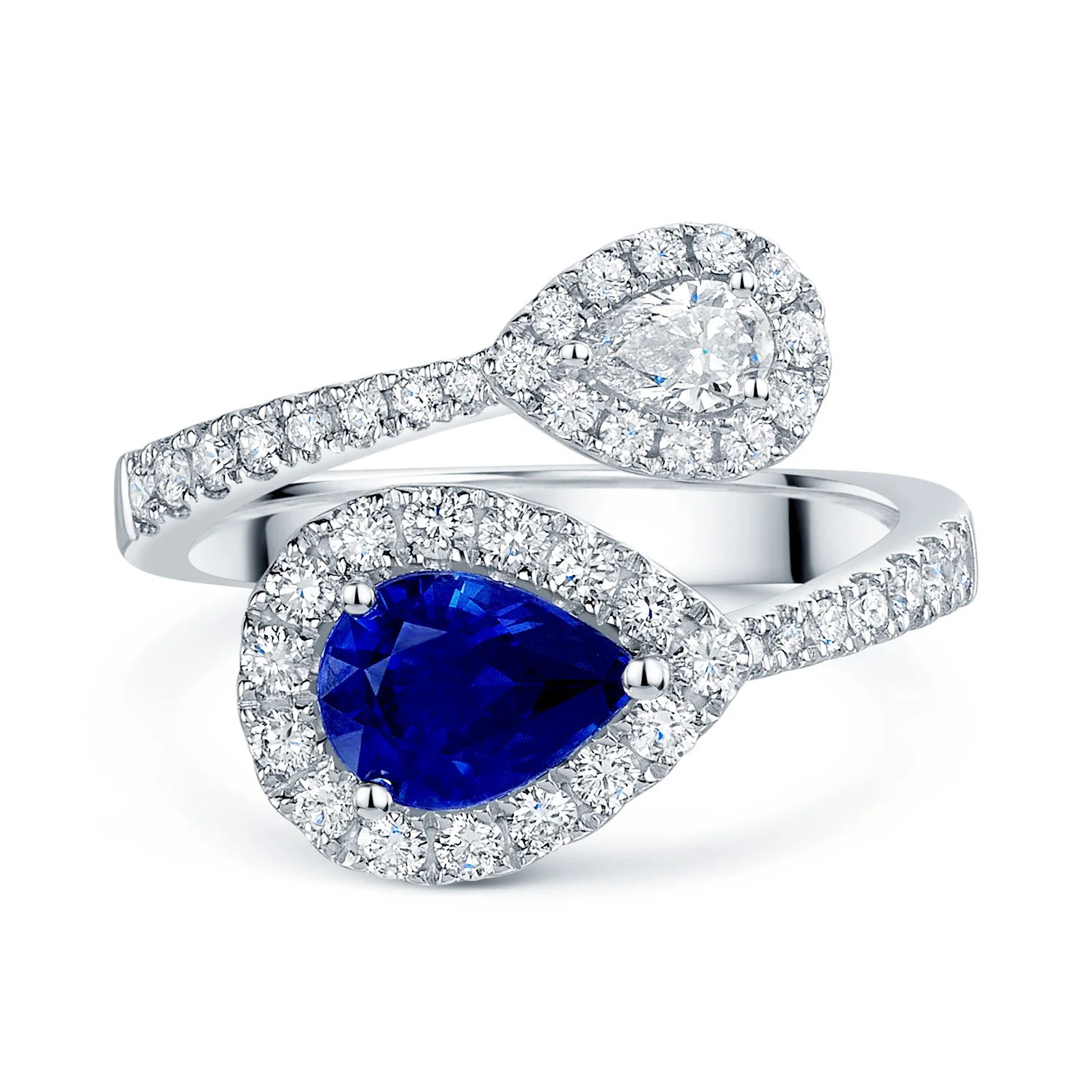 Platinum Toi et Moi Pear Cut Sapphire And Diamond Halo Two Stone Ring - Image 6