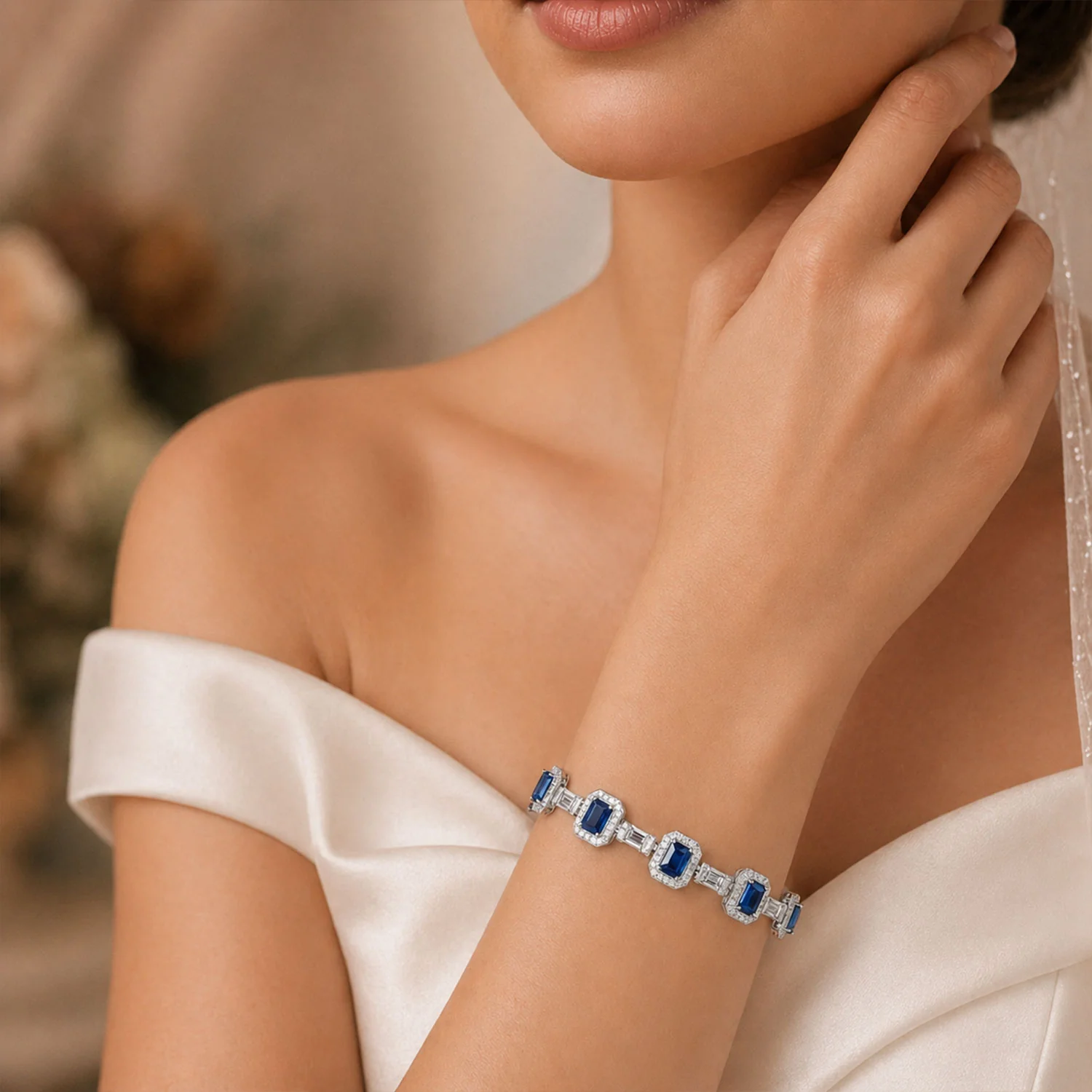 18ct White Gold Sapphire And Diamond Halo Vintage Line Bracelet - Image 2