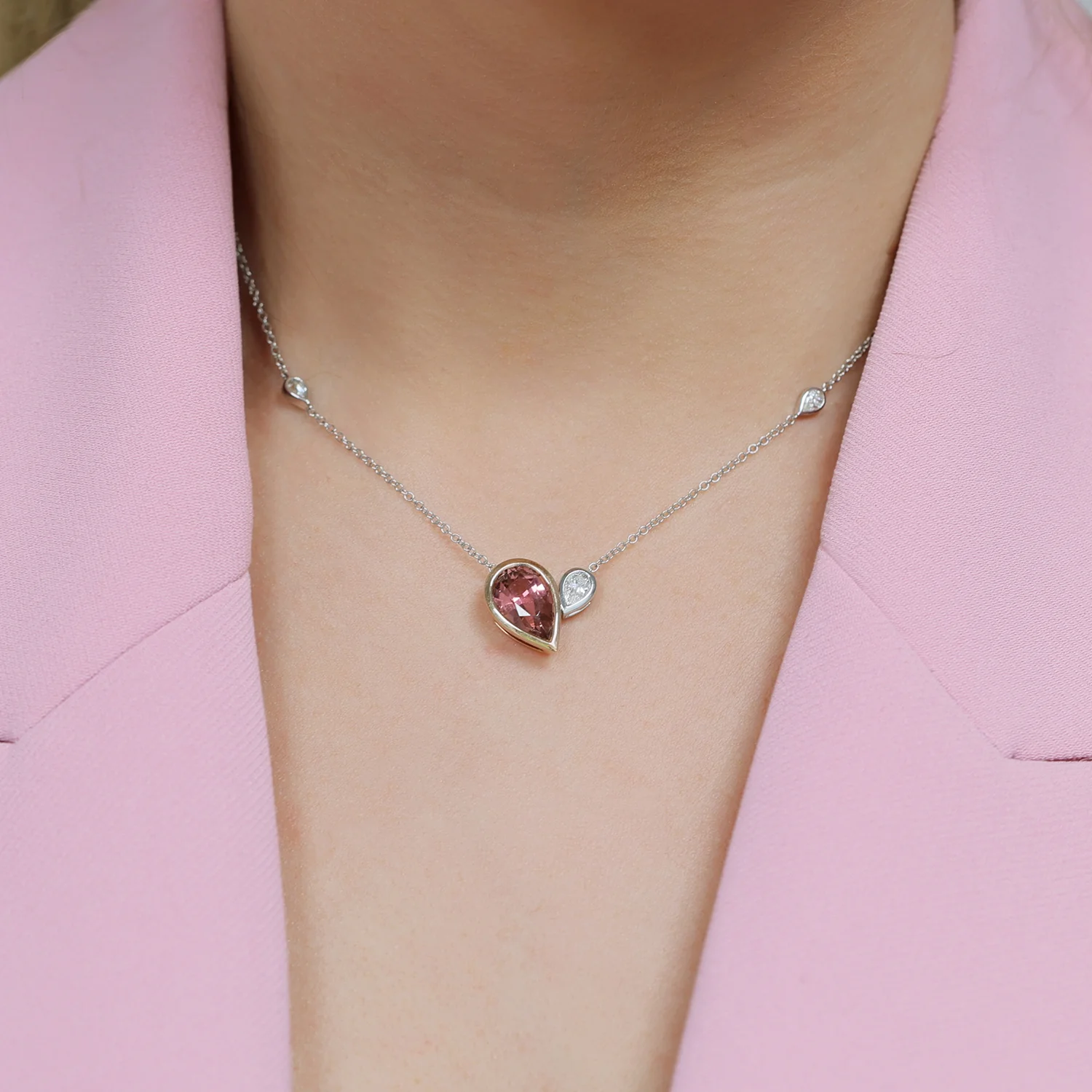 18ct White & Rose Gold Toi et Moi Pink Tourmaline & Diamond Pendant - Image 2