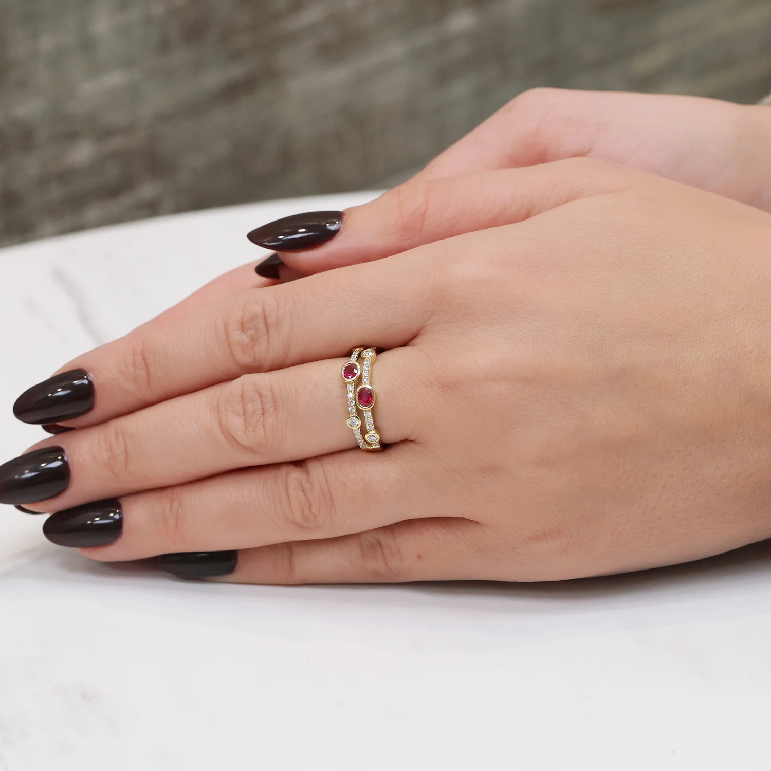 18ct Yellow Gold Cabochon Cut Ruby And Diamond Dress Ring - Image 3