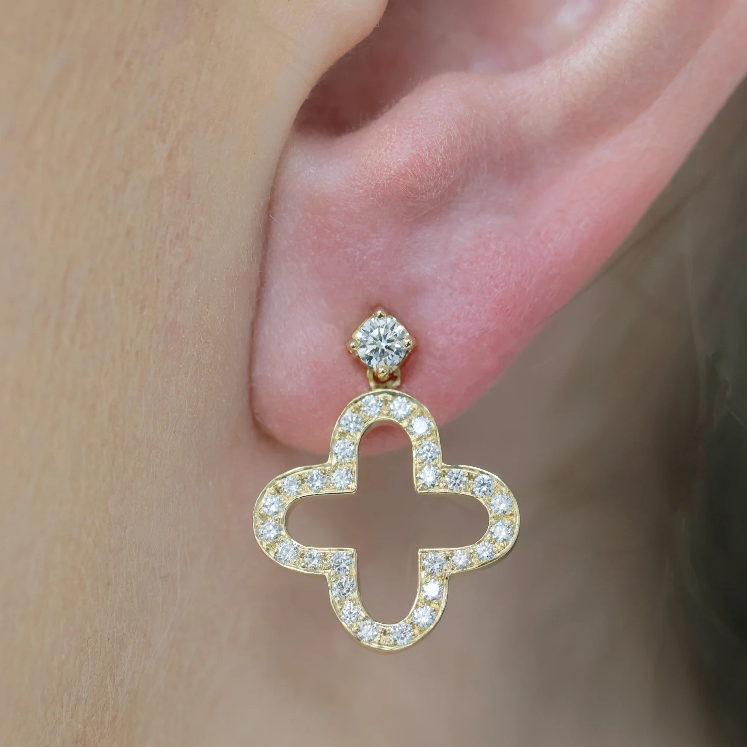 18ct Yellow Gold Diamond Open Flower Drop Earrings - Image 2