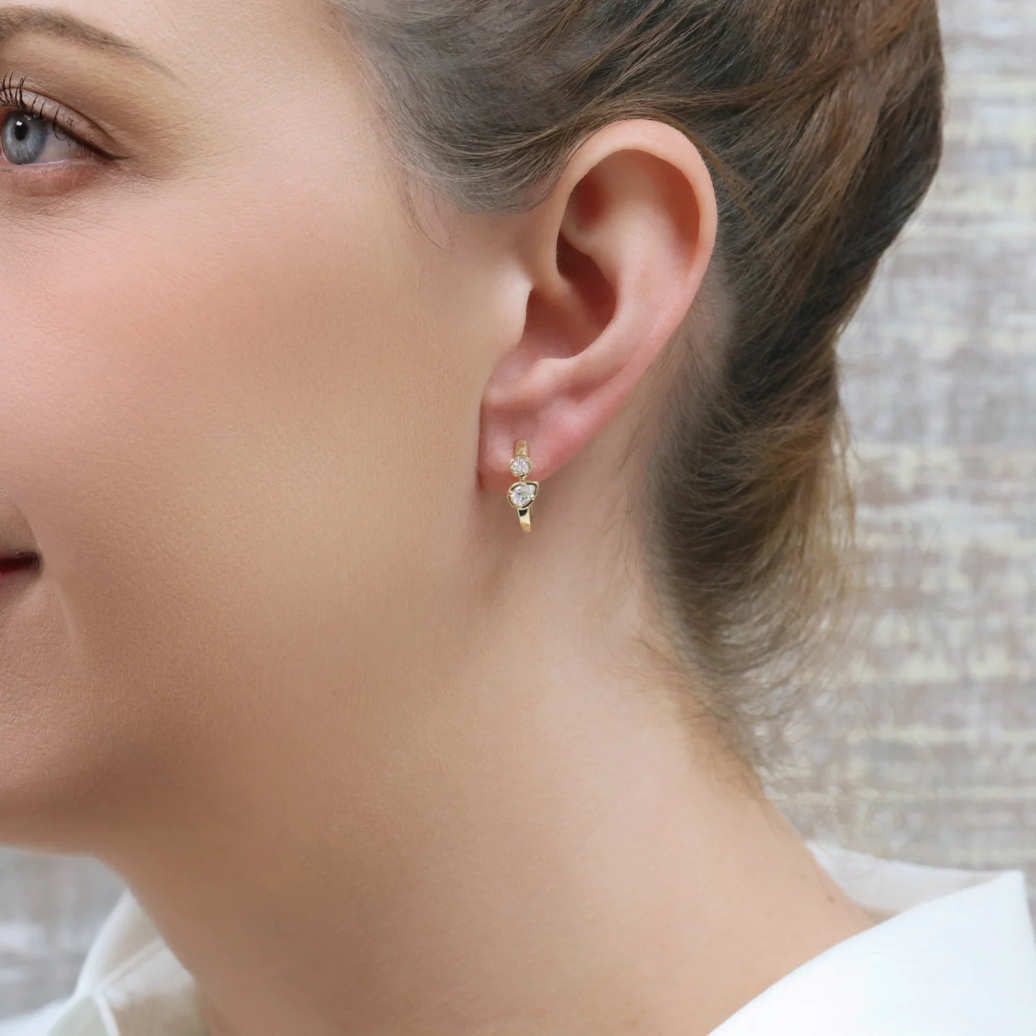 18ct Yellow Gold Pear And Round Brilliant Cut Diamond Rub Over Set Hoop Earrings - Image 2