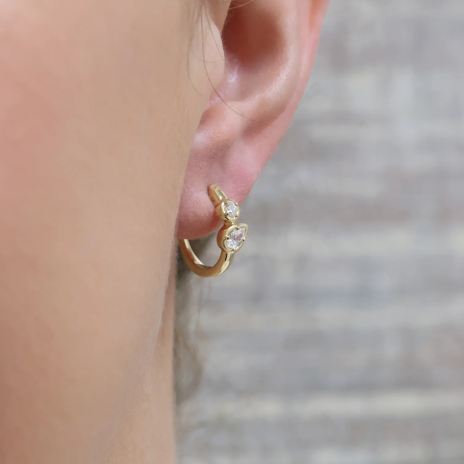 18ct Yellow Gold Pear And Round Brilliant Cut Diamond Rub Over Set Hoop Earrings - Image 3