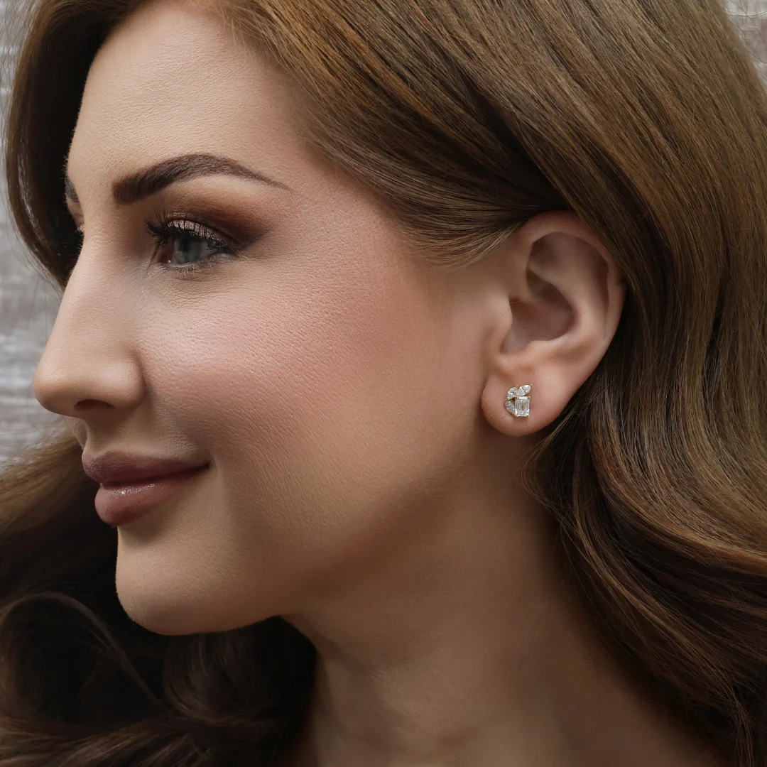 18ct Yellow Gold Emerald Cut And Marquise Diamond Stud Earrings - Image 3