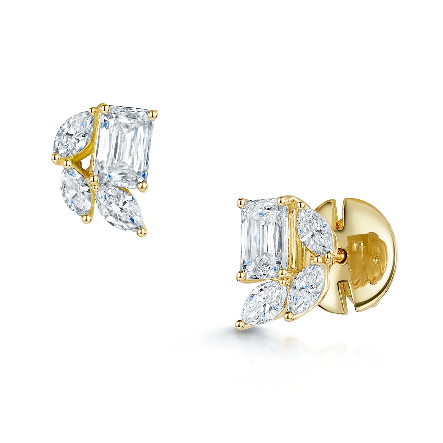 18ct Yellow Gold Emerald Cut And Marquise Diamond Stud Earrings - Image 4