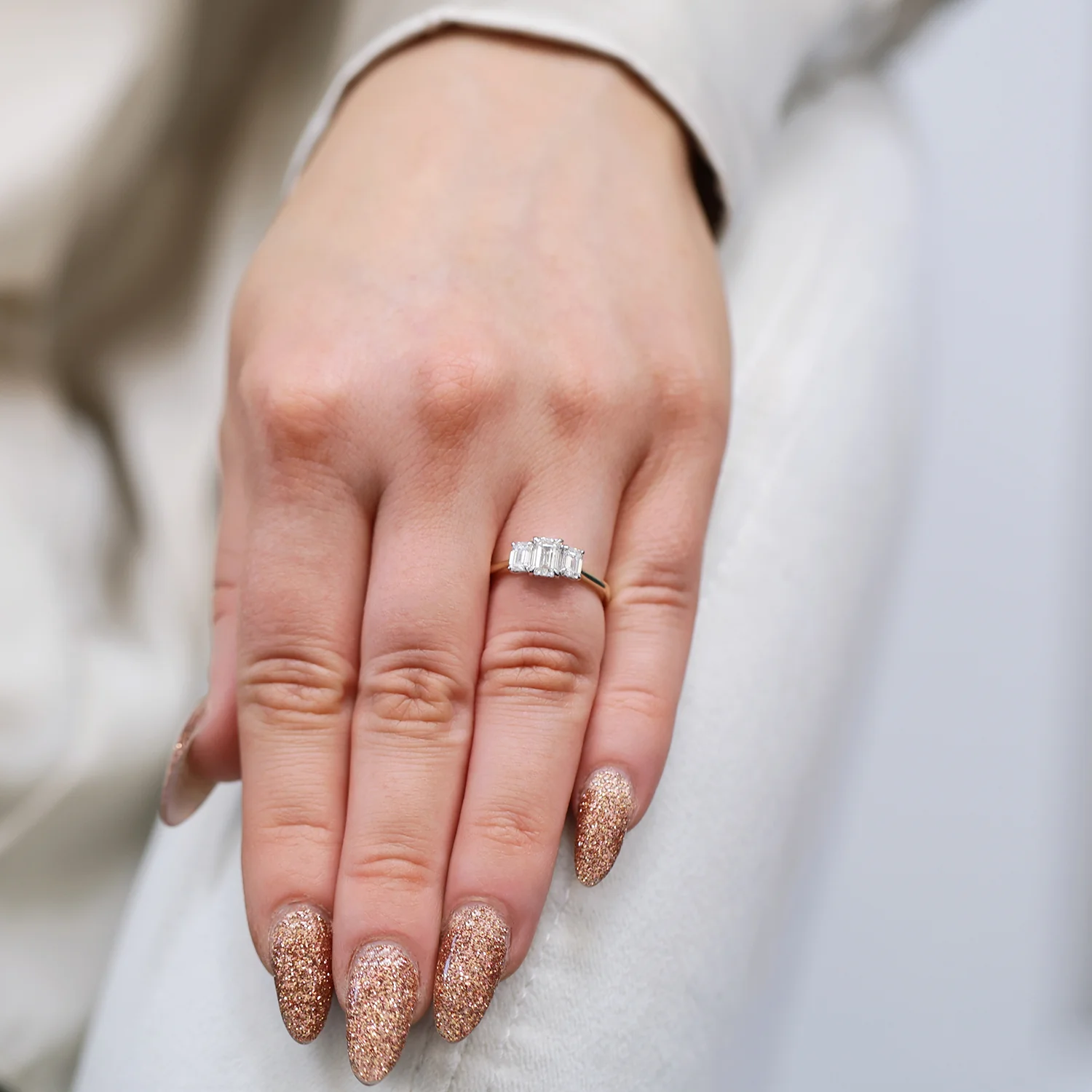 18ct Yellow Gold GIA Emerald Cut Three Stone Diamond Ring - Image 3