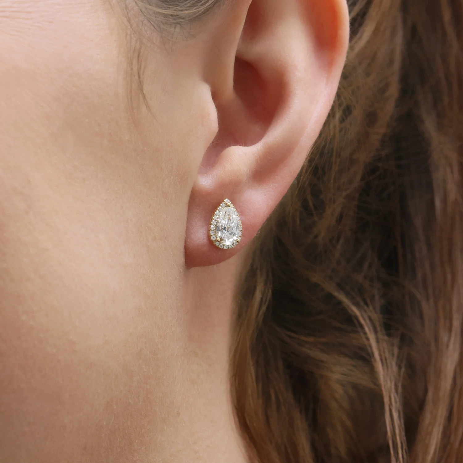18ct Yellow Gold GIA Certificated Pear Cut Diamond Halo Stud Earrings - Image 3