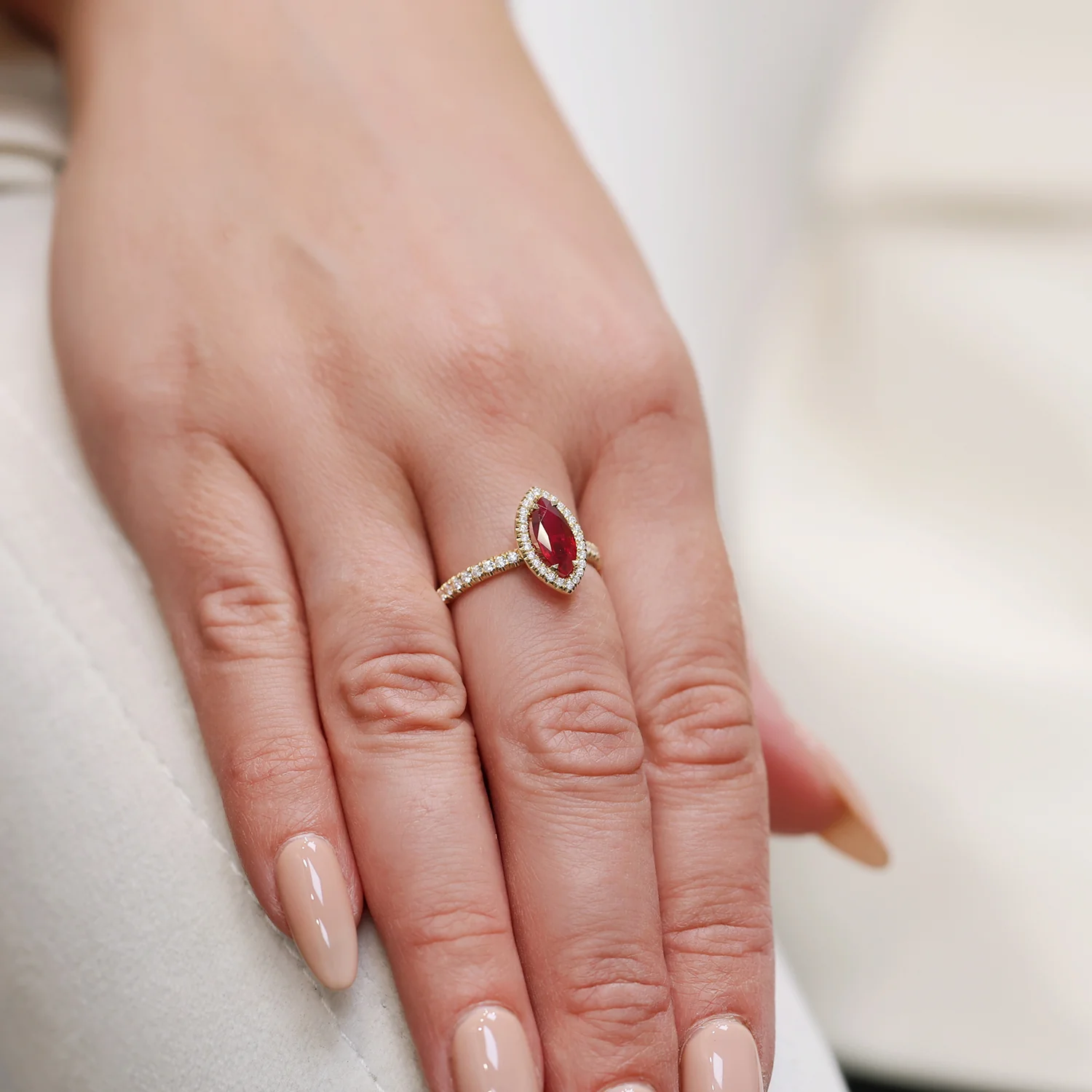 18ct Yellow Gold Marquise Cut Ruby And Diamond Halo Ring - Image 2