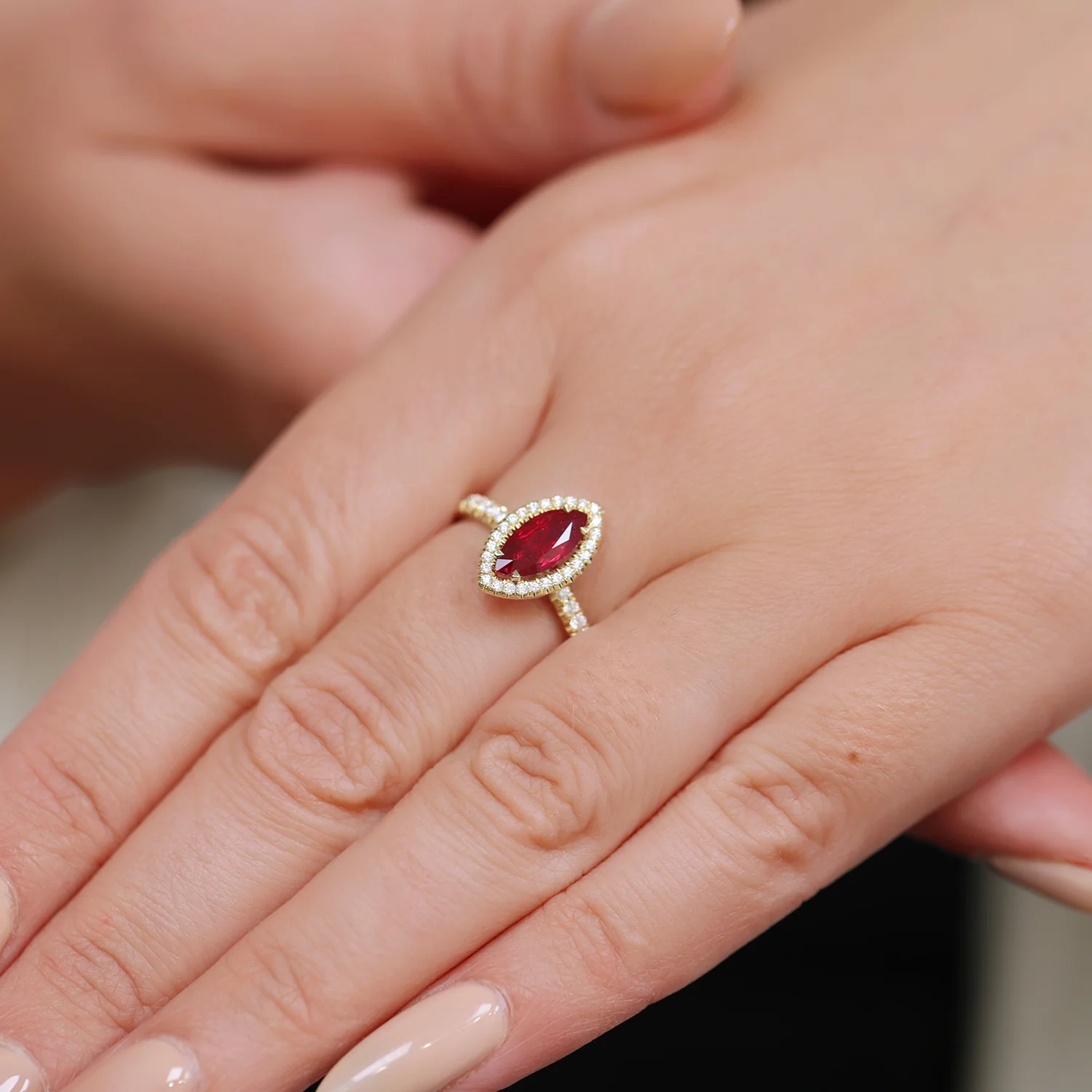 18ct Yellow Gold Marquise Cut Ruby And Diamond Halo Ring - Image 3