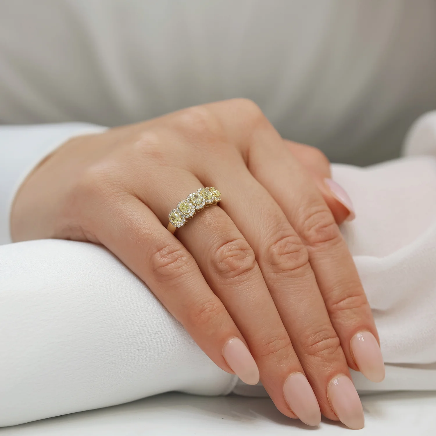 18ct Yellow Gold Oval Cut Yellow Diamond Five Stone Eternity Ring With Diamond Halo Surround - Image 3