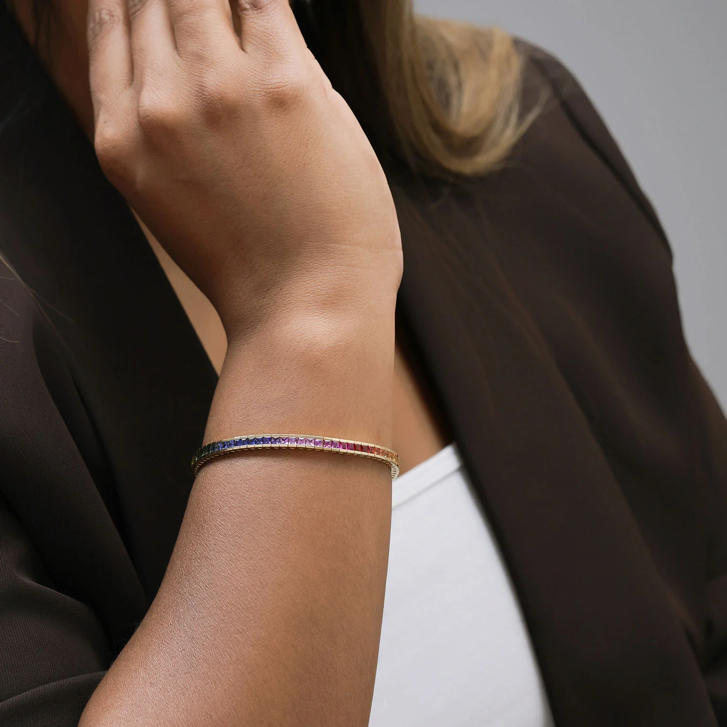 18ct Yellow Gold Rainbow Sapphire Tennis Bracelet - Image 5