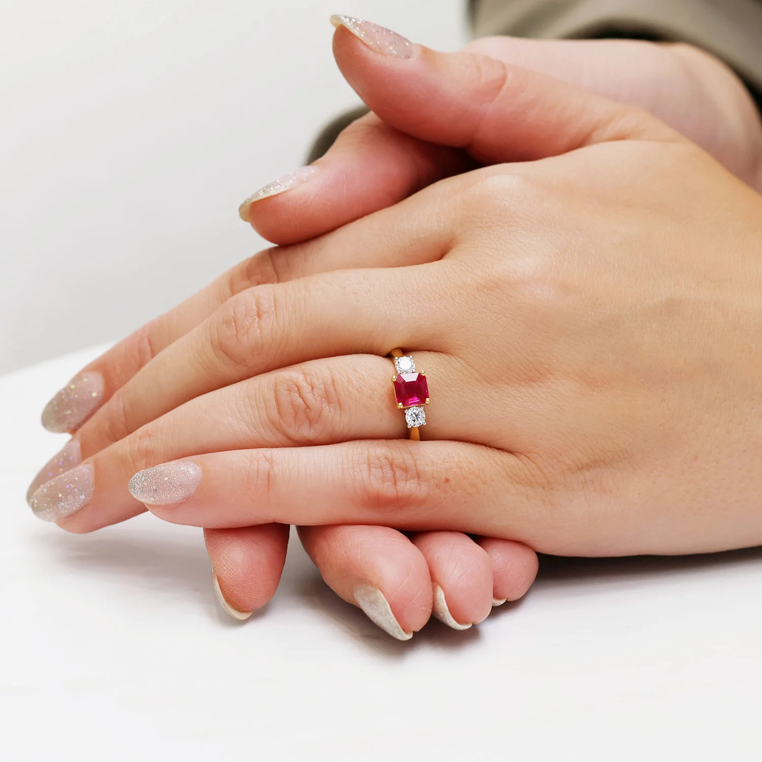 18ct Yellow Gold Square Cut Ruby And Round Brilliant Cut Diamond Three Stone Ring - Image 2