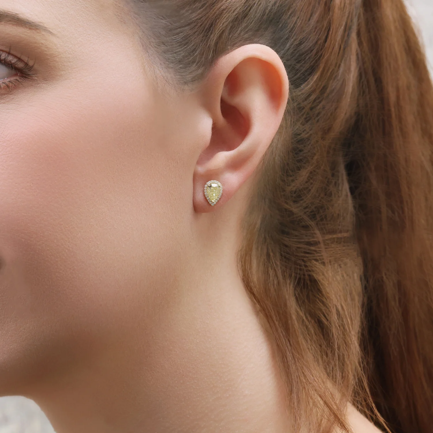 18ct Yellow Gold Pear Cut Fancy Yellow Diamond Halo Stud Earrings - Image 2