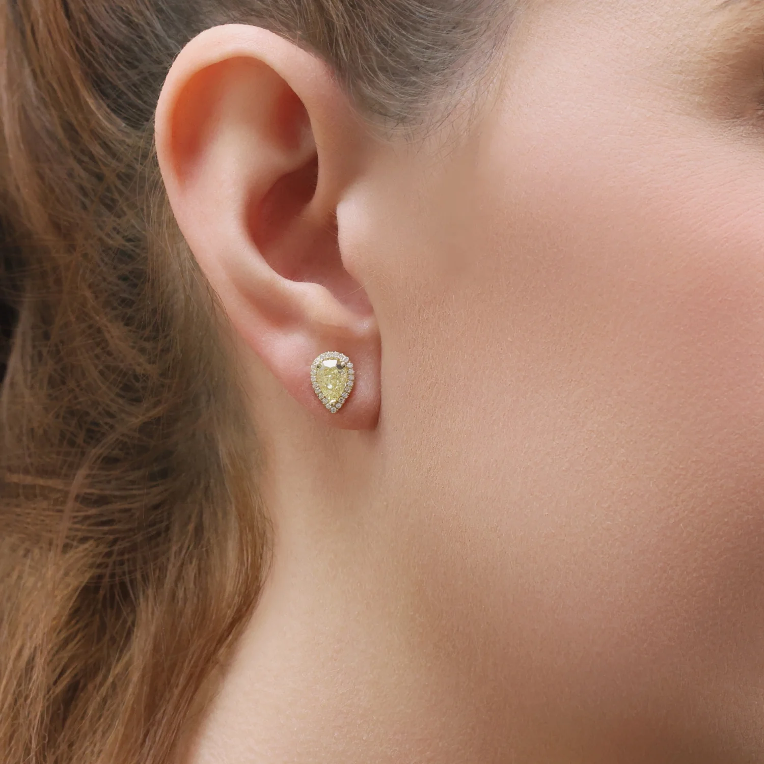 18ct Yellow Gold Pear Cut Fancy Yellow Diamond Halo Stud Earrings - Image 3