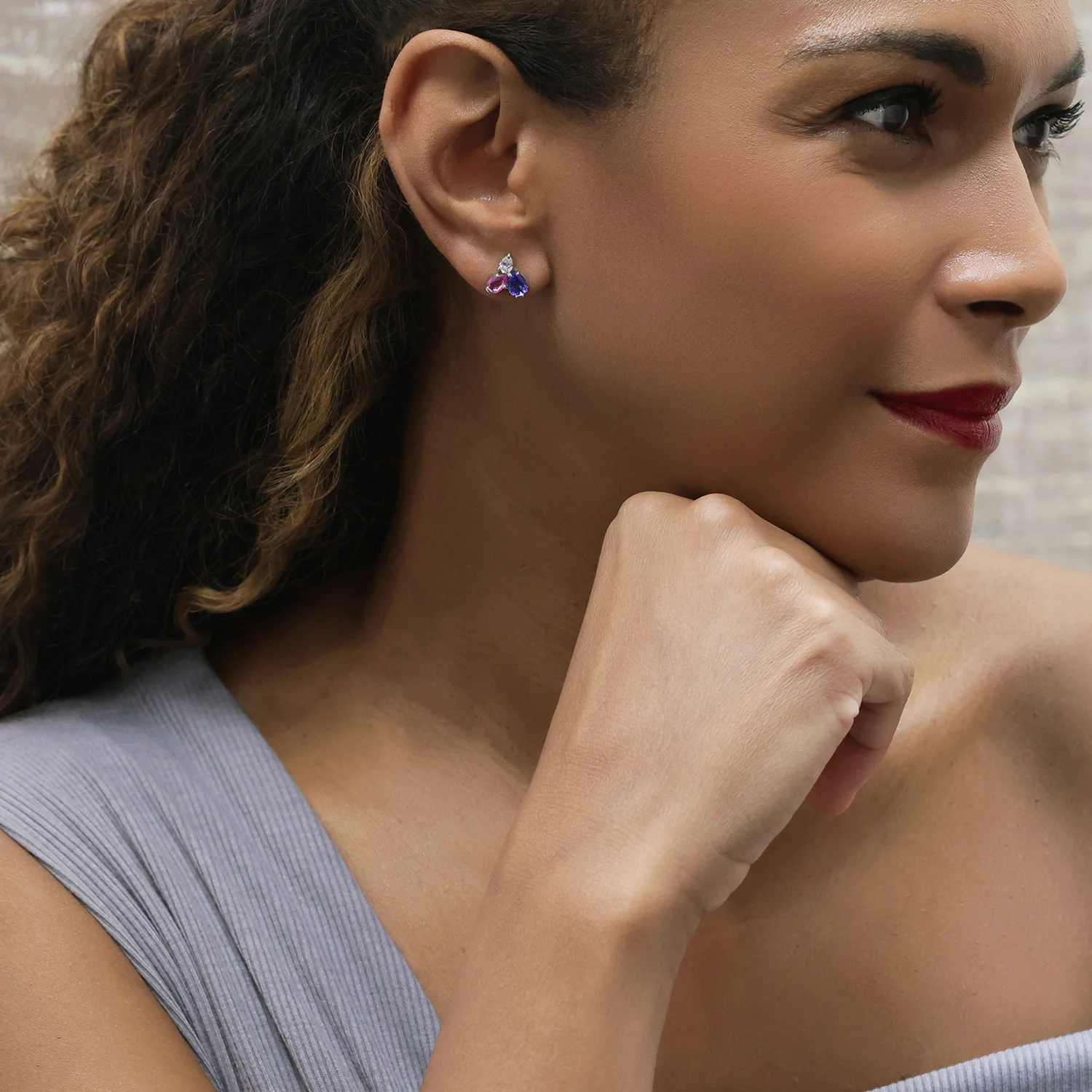 18ct White Gold Pear Cut Diamond, Pink Sapphire And Tanzanite Cluster Earrings - Image 2
