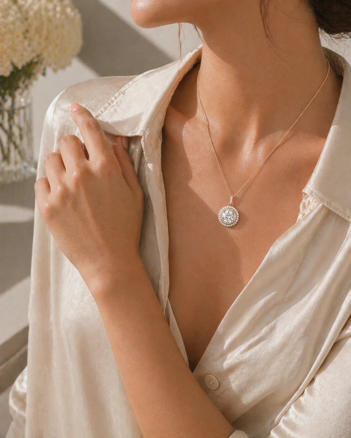 18ct Rose and White Gold GIA Brilliant Cut Diamond Double Halo Cluster Pendant - Image 2
