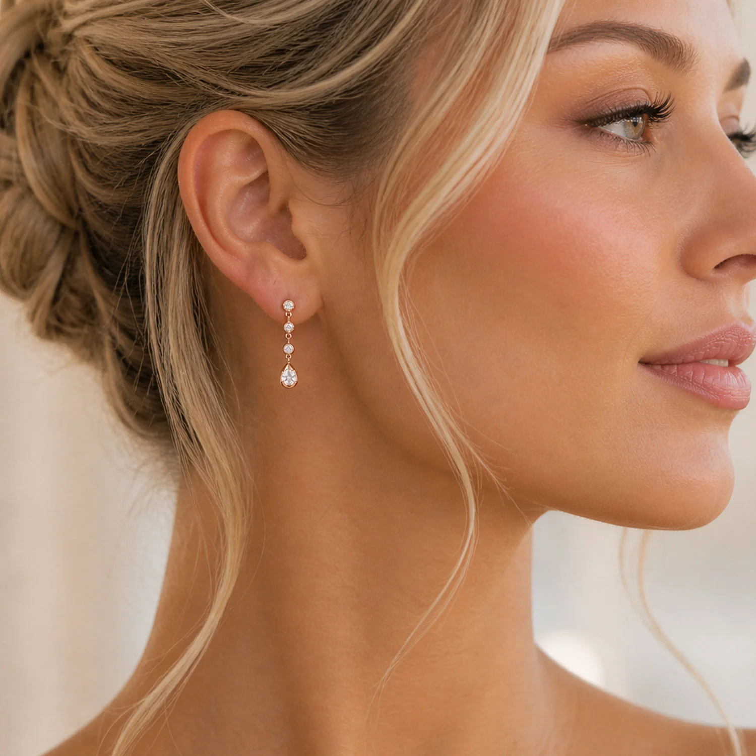 18ct Rose Gold Round Brilliant Cut Diamond Drop Earrings In A Rub Over Setting - Image 2