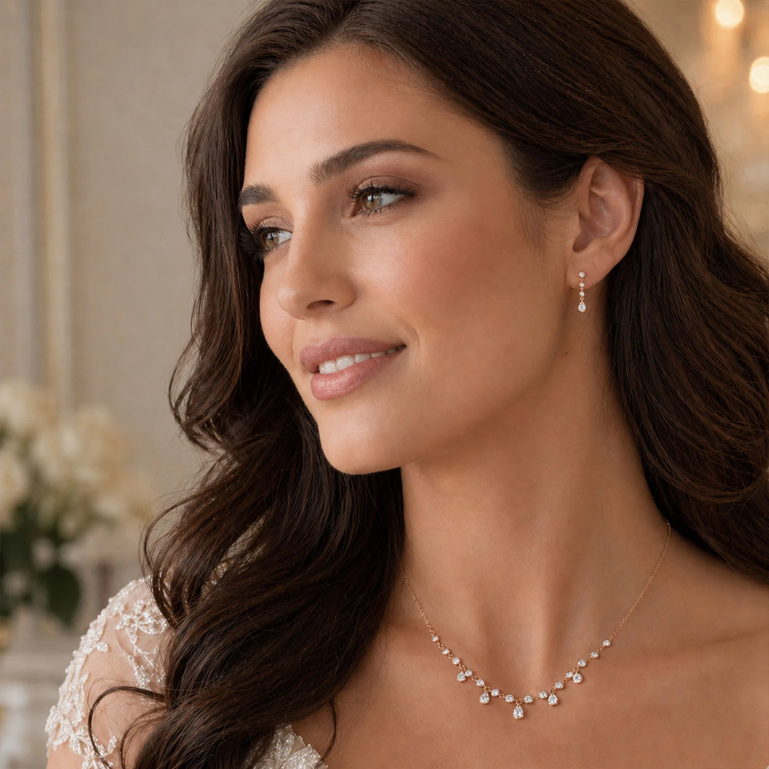 18ct Rose Gold Rub Over Set Diamond Necklet With Five Diamond Drops - Image 2