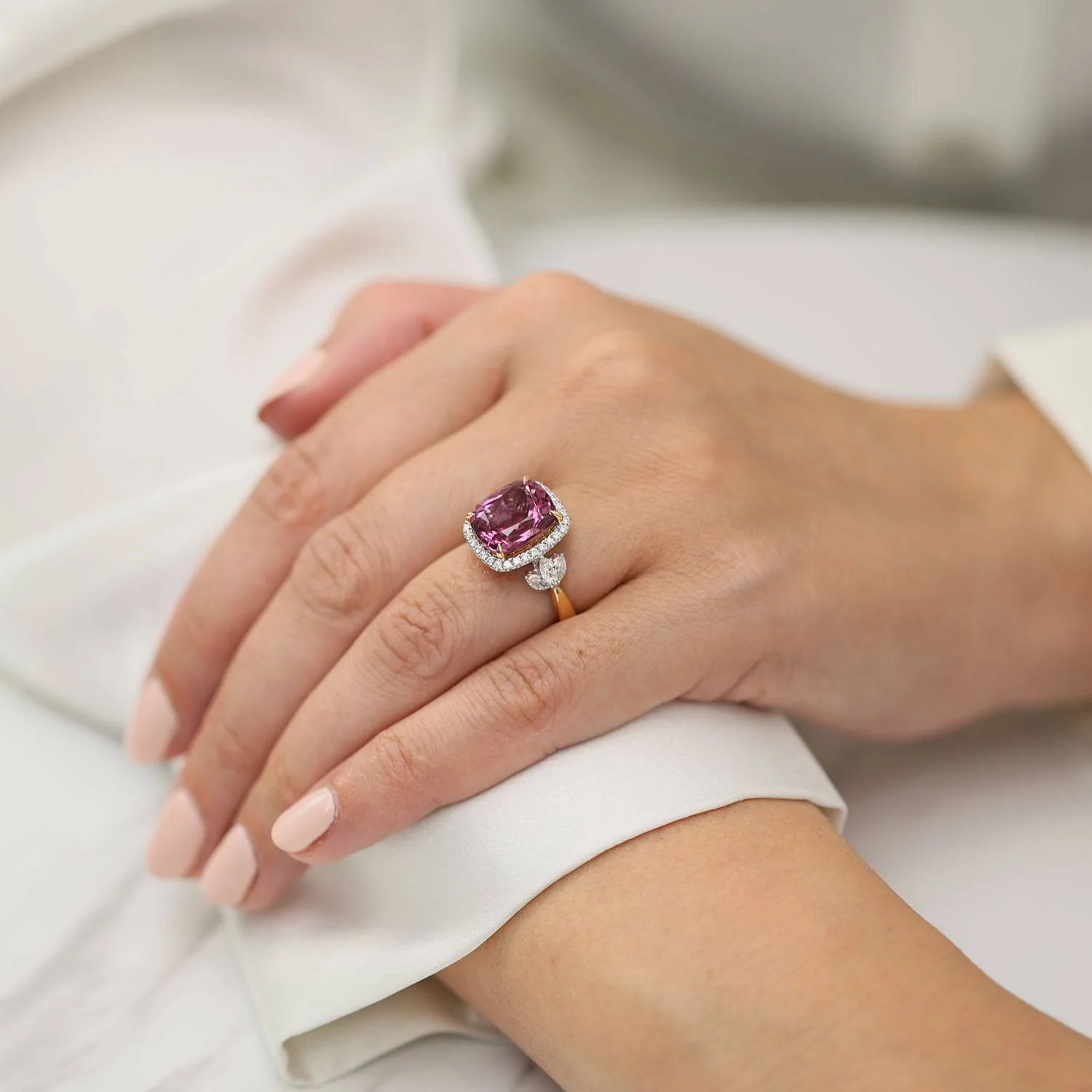 18ct Rose & White Gold Cushion Cut Pink Tourmaline Diamond Halo Ring With Marquise Cut Diamond Shoulders - Image 2