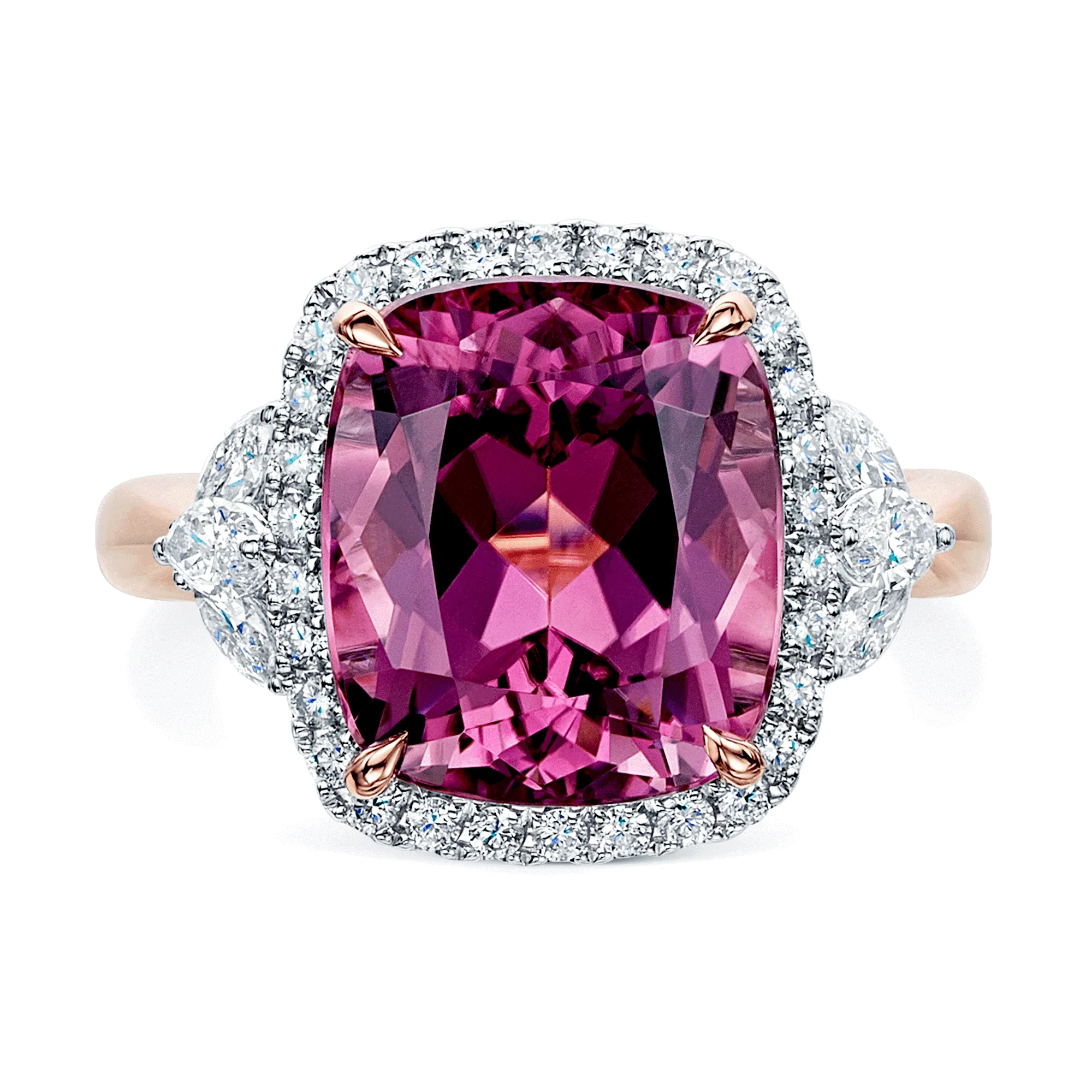 18ct Rose & White Gold Cushion Cut Pink Tourmaline Diamond Halo Ring With Marquise Cut Diamond Shoulders - Image 3