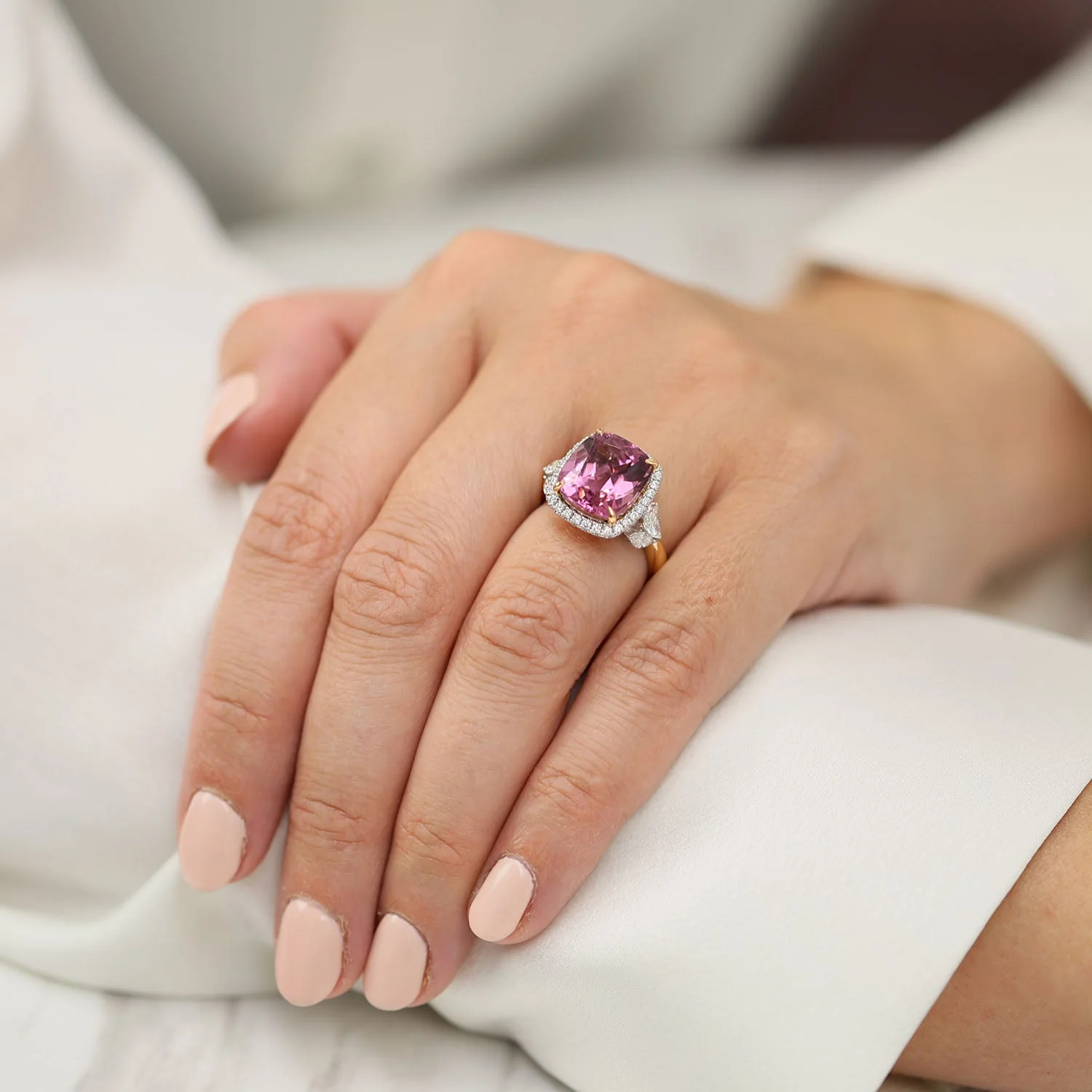 18ct Rose & White Gold Cushion Cut Pink Tourmaline Diamond Halo Ring With Marquise Cut Diamond Shoulders - Image 4