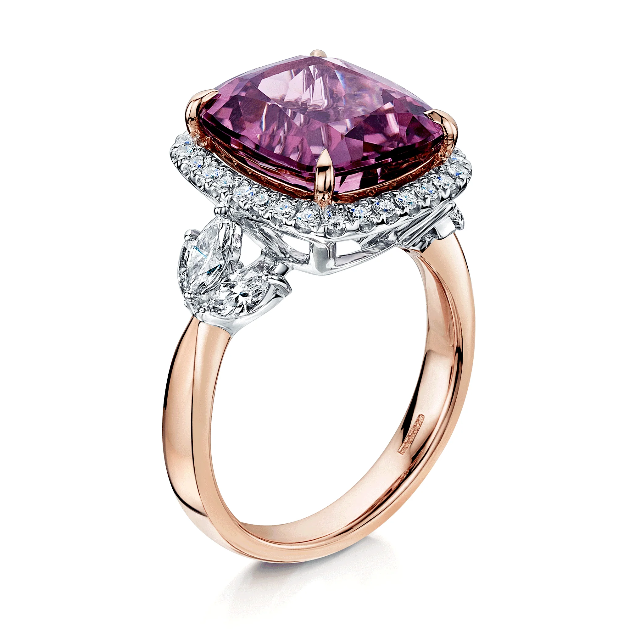 18ct Rose & White Gold Cushion Cut Pink Tourmaline Diamond Halo Ring With Marquise Cut Diamond Shoulders - Image 5