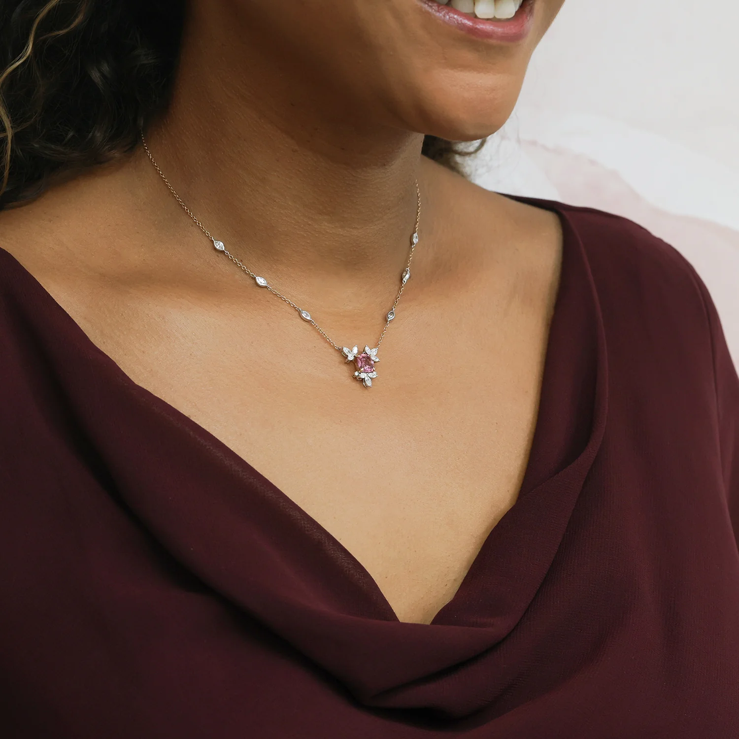 18ct Rose & White Gold Malayan Garnet Marquise Diamond Flower Necklace With Marquise Cut Diamond Set Chain - Image 2