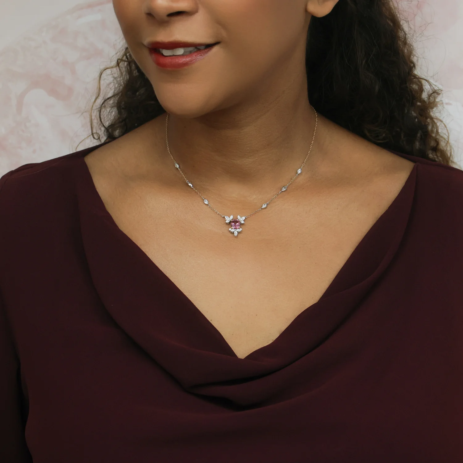 18ct Rose & White Gold Malayan Garnet Marquise Diamond Flower Necklace With Marquise Cut Diamond Set Chain - Image 3