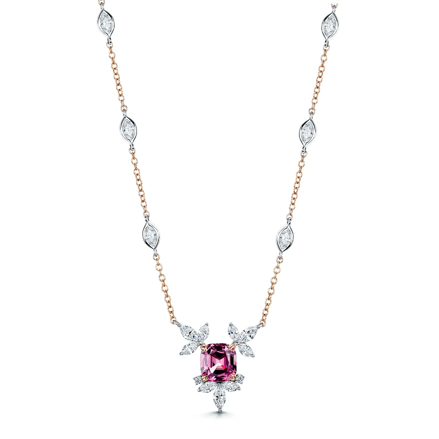 18ct Rose & White Gold Malayan Garnet Marquise Diamond Flower Necklace With Marquise Cut Diamond Set Chain - Image 4