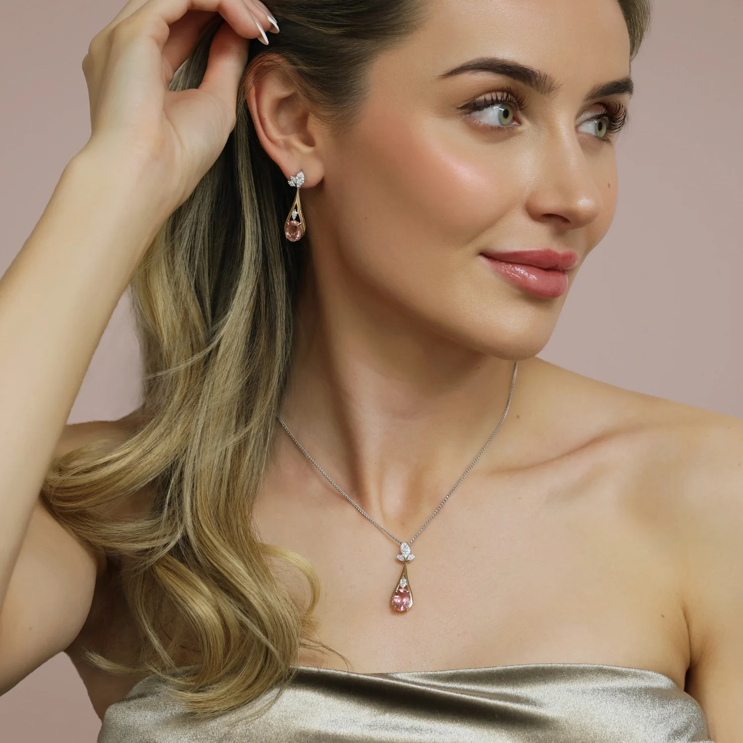 18ct Rose & White Gold Oval Cut Pink Tourmaline & Marquise Cut Diamond Drop Earrings - Image 2