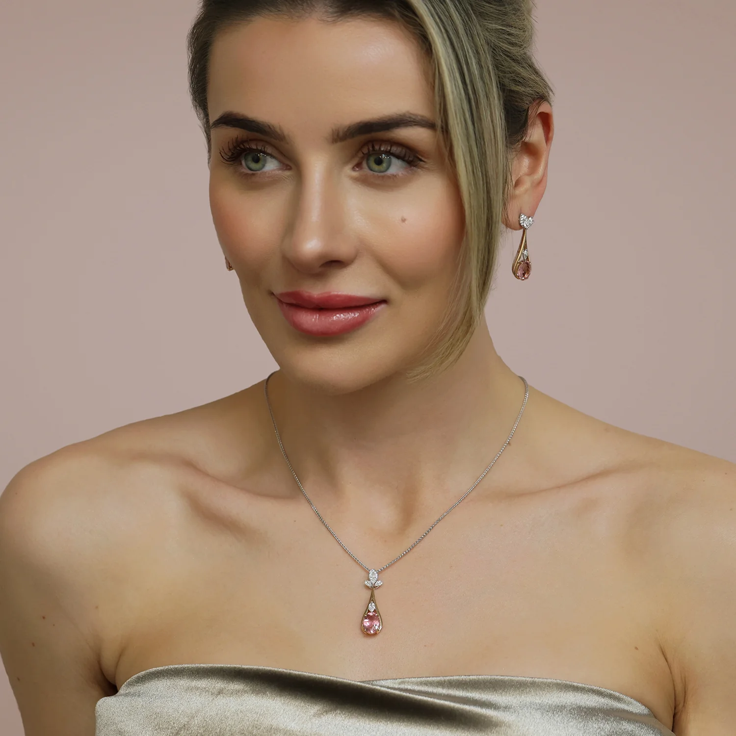 18ct Rose & White Gold Oval Cut Pink Tourmaline & Marquise Cut Diamond Pendant - Image 2