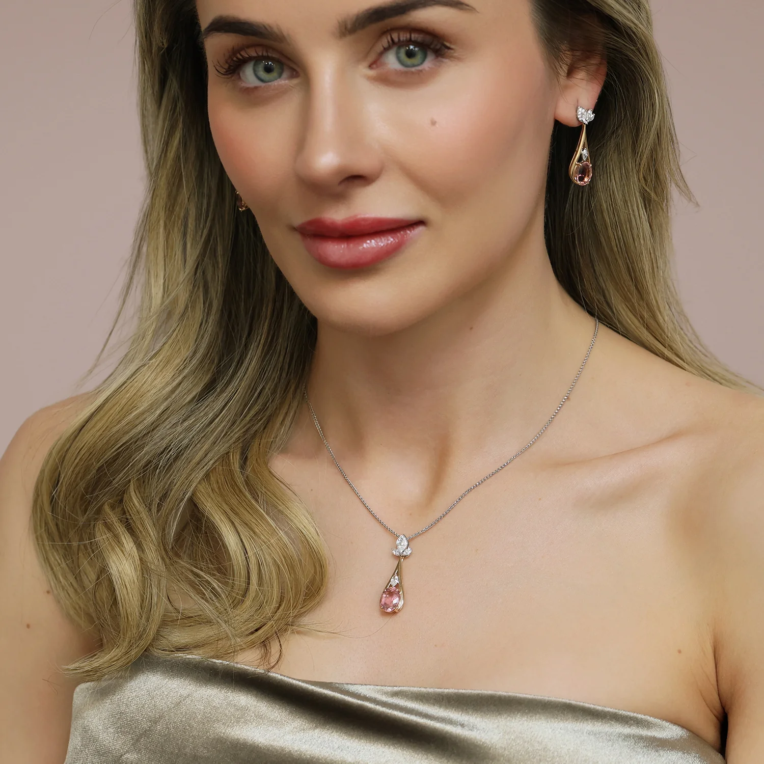 18ct Rose & White Gold Oval Cut Pink Tourmaline & Marquise Cut Diamond Pendant - Image 4