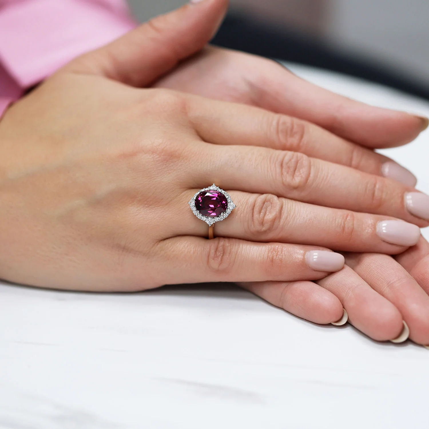 18ct Rose & White Gold Oval Cut Umbalite Garnet In A Diamond Halo Setting Ring - Image 2