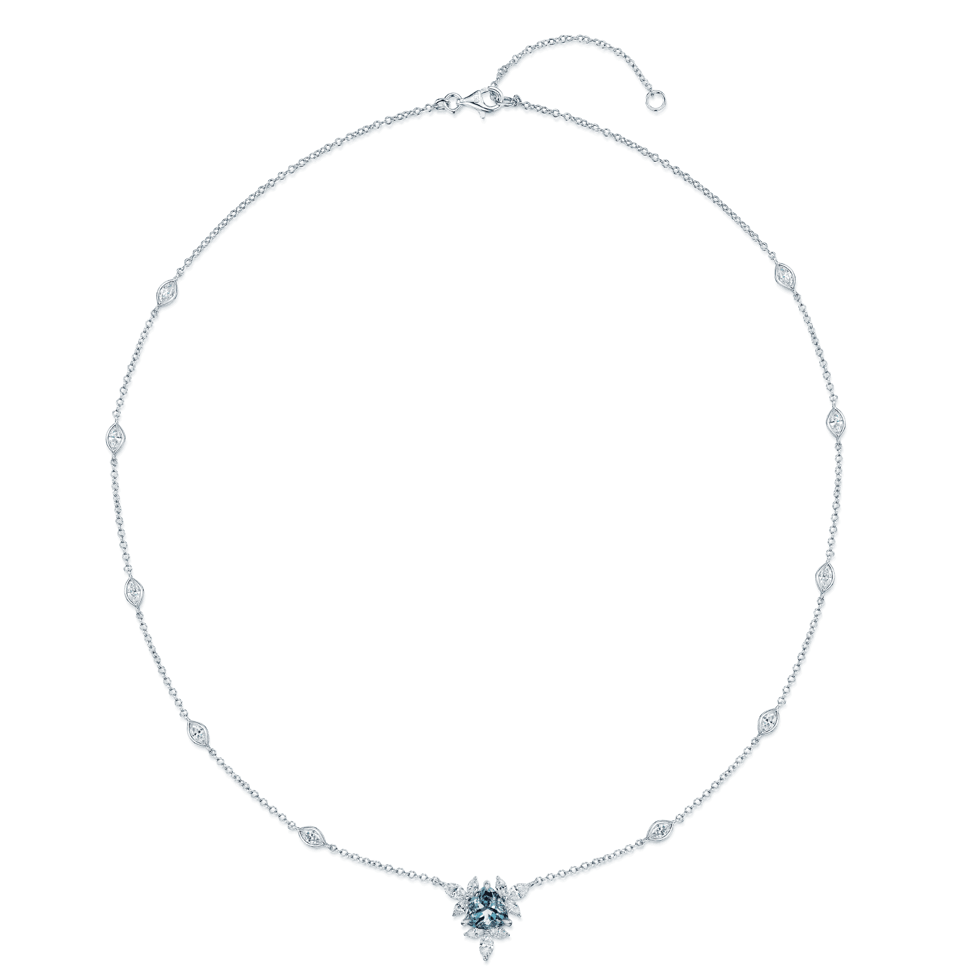 18ct White Gold Aquamarine & Diamond Flower Necklace With Diamond Set Chain - Image 4