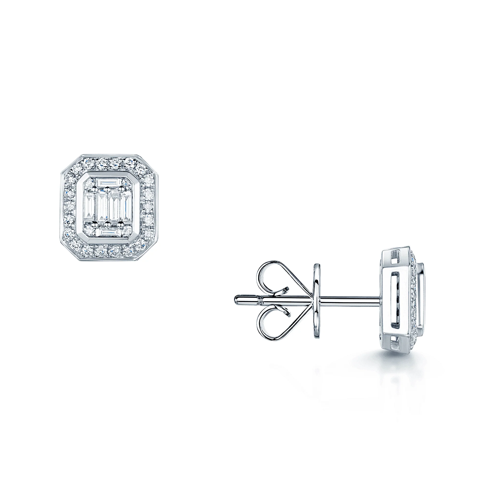 18ct White Gold Baguette & Round Brilliant Cut Diamond Stud Earrings