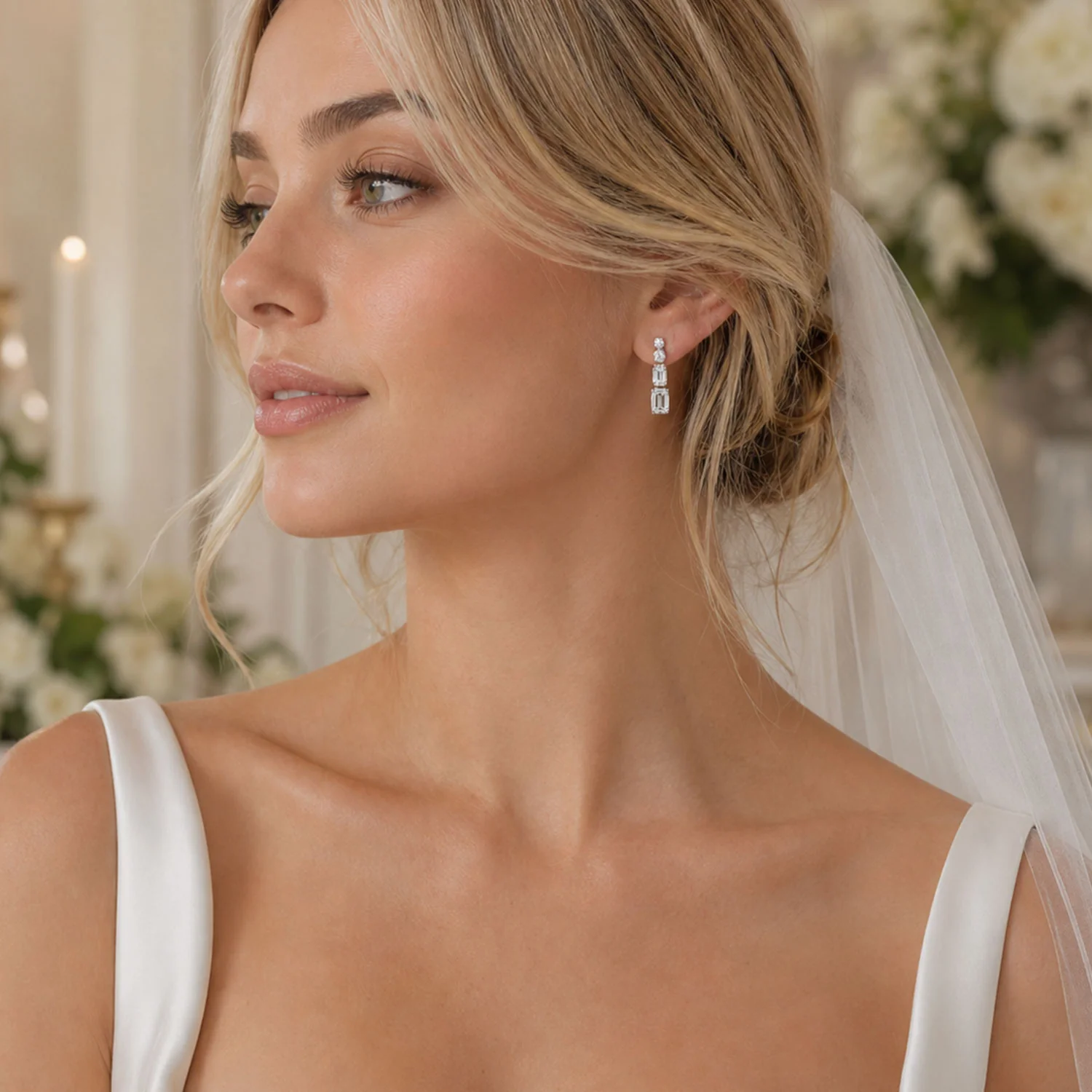 18ct White Gold Brilliant and Emerald Cut Diamond Drop Earrings - Image 2