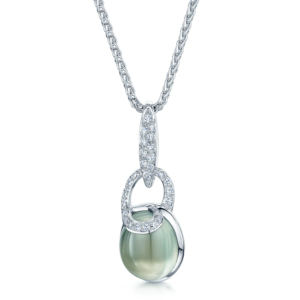 18ct White Gold Cabochon Prehnite & Diamond Pendant - Image 2