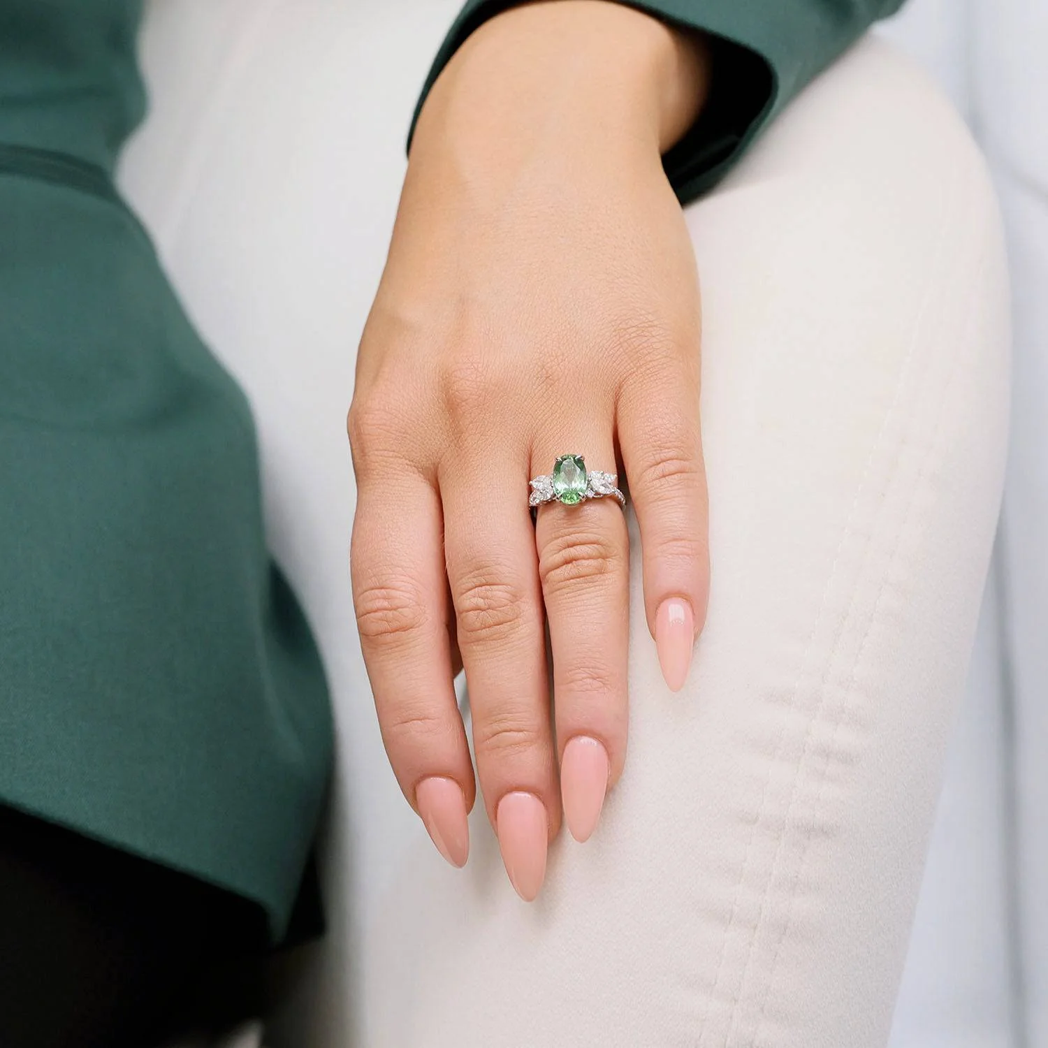 18ct White Gold Oval Green Tourmaline & Marquise Cut Diamond Cluster Ring. - Image 2
