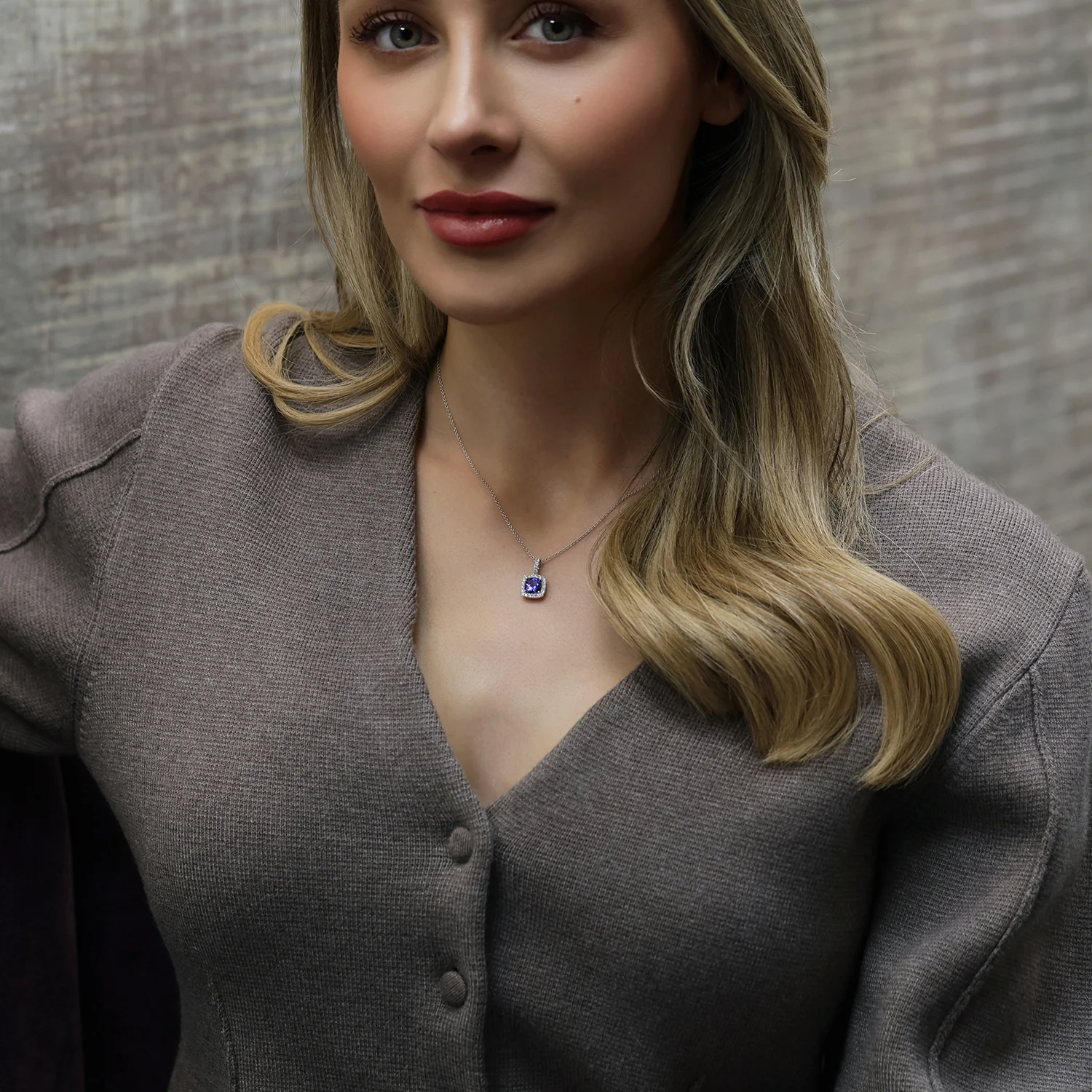 18ct White Gold Cushion Cut Tanzanite And Diamond Halo Pendant With A Diamond Bale - Image 2