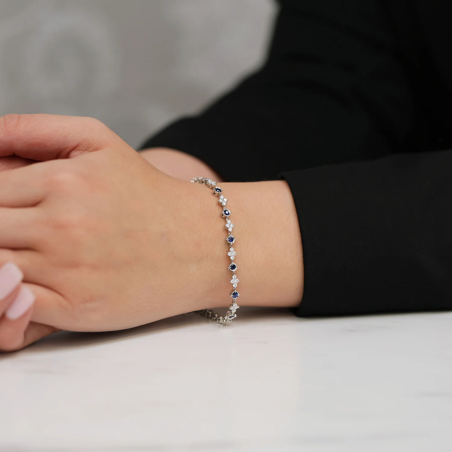 18ct White Gold Diamond And Sapphire Flower Tennis Bracelet - Image 2