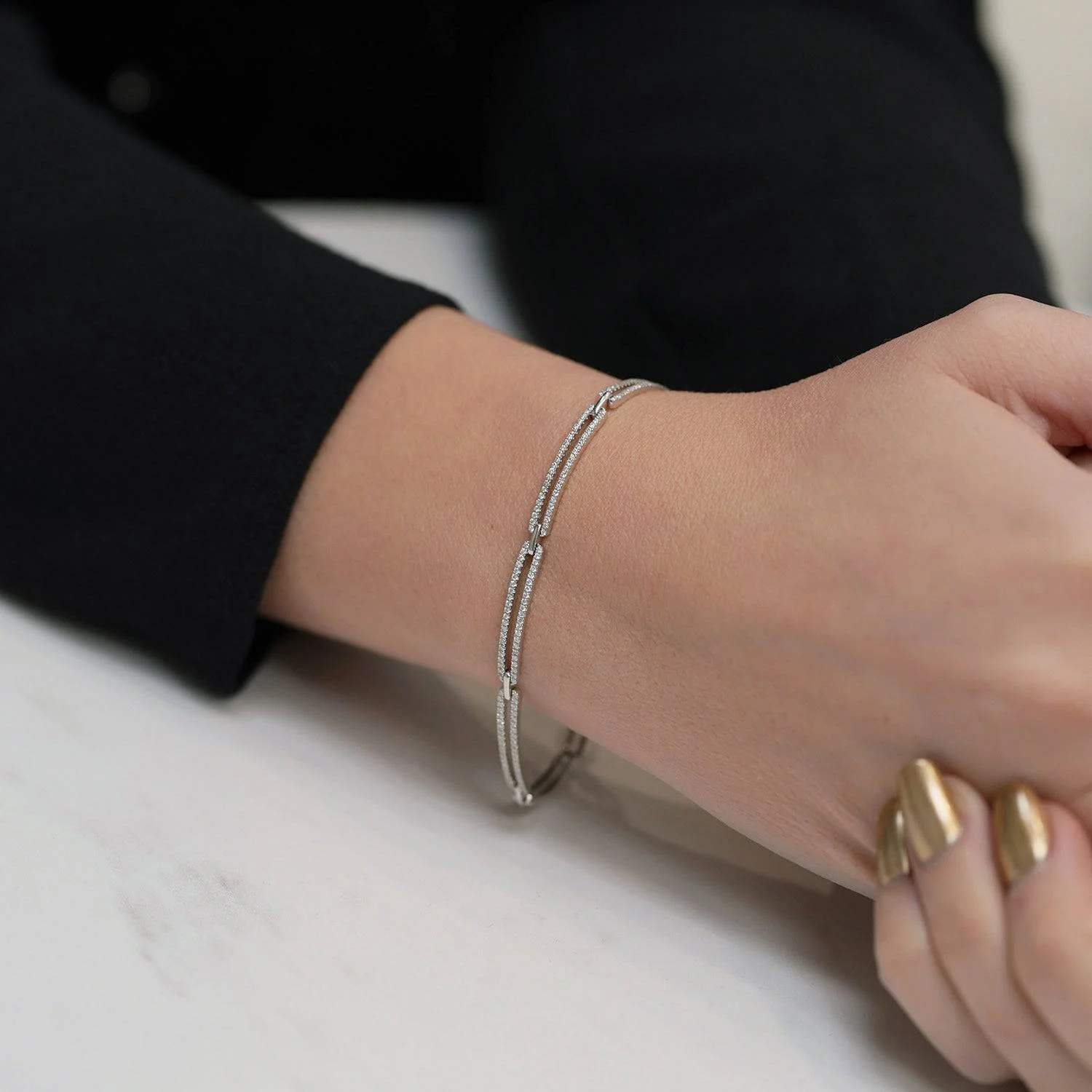 18ct White Gold Diamond Double Row Bar Style Bracelet - Image 3